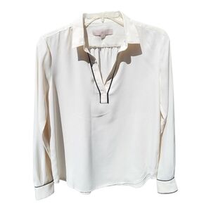 LOFT Cream and Black Long Sleeve Polo Blouse - Size XS